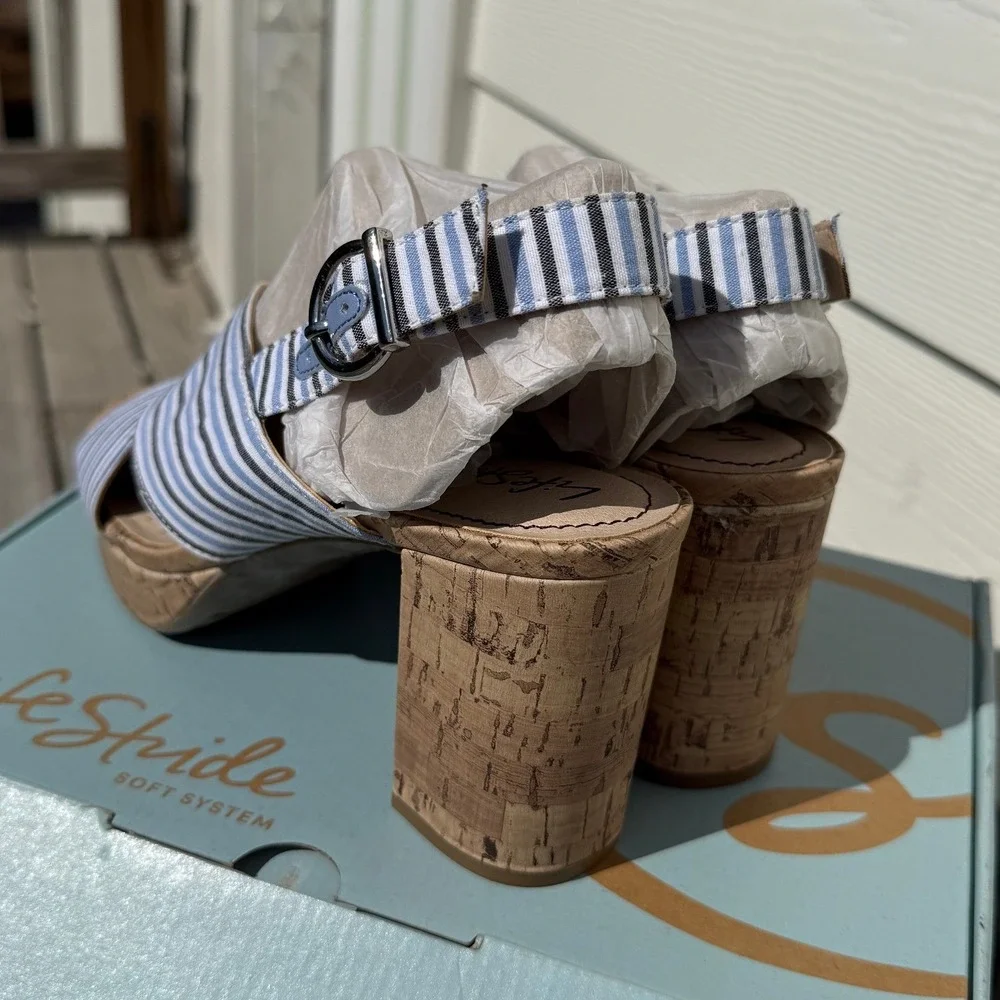LifeStride Sandals Women 8.5 Blue Striped Block Heel‎ Cork Slingback Strappy NIB